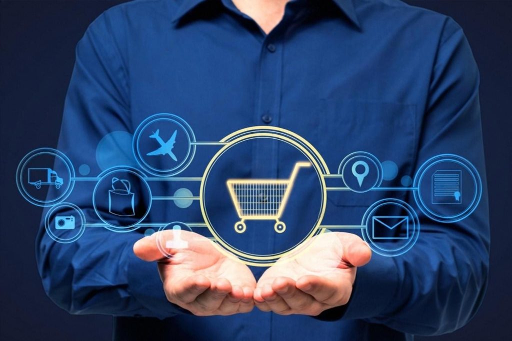 Man holding digital marketplace icons showing rental categories and delivery symbols